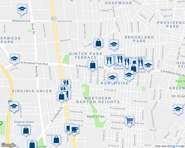map of restaurants, bars, coffee shops, grocery stores, and more near 2907 Montrose Avenue in Richmond