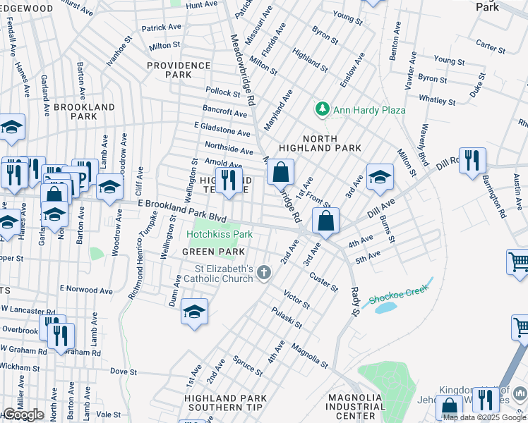 map of restaurants, bars, coffee shops, grocery stores, and more near 3011 Woodcliff Avenue in Richmond