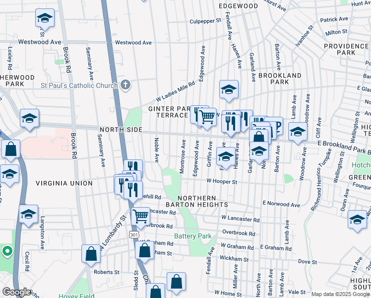 map of restaurants, bars, coffee shops, grocery stores, and more near 2907 Montrose Avenue in Richmond