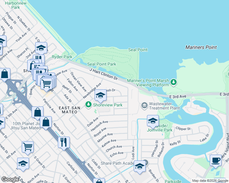 map of restaurants, bars, coffee shops, grocery stores, and more near 1844 Nash Drive in San Mateo