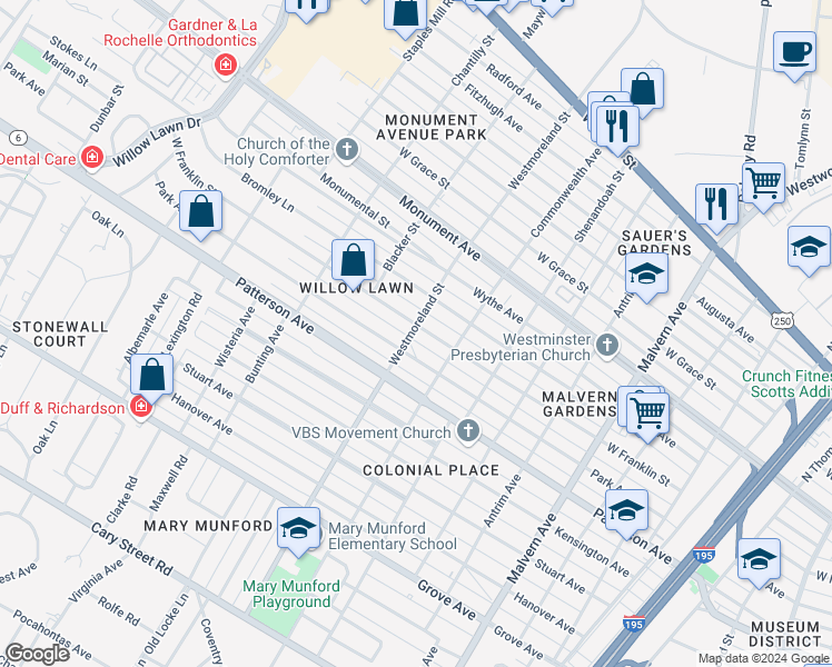 map of restaurants, bars, coffee shops, grocery stores, and more near 4517 West Franklin Street in Richmond