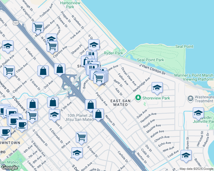 map of restaurants, bars, coffee shops, grocery stores, and more near 1449 Dakota Avenue in San Mateo