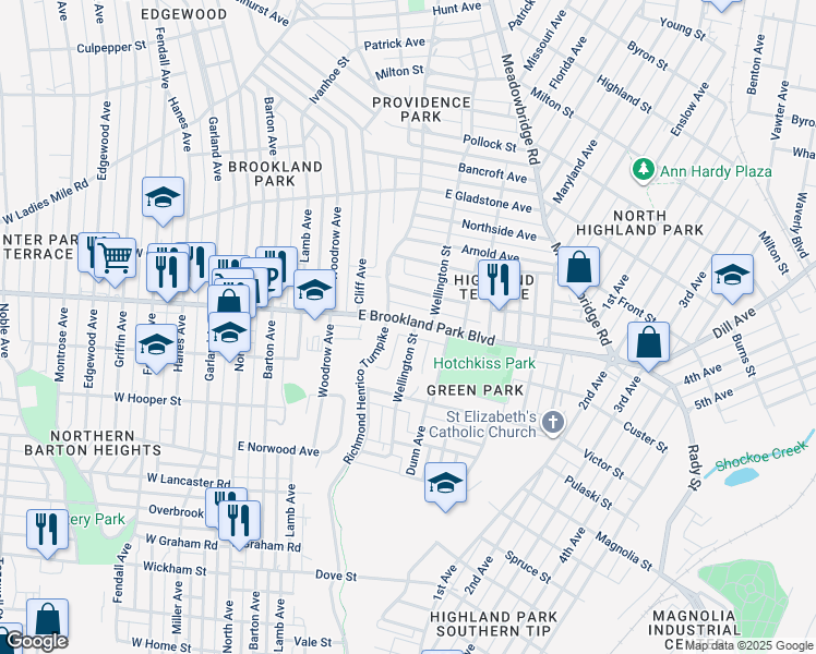 map of restaurants, bars, coffee shops, grocery stores, and more near 511 East Brookland Park Boulevard in Richmond