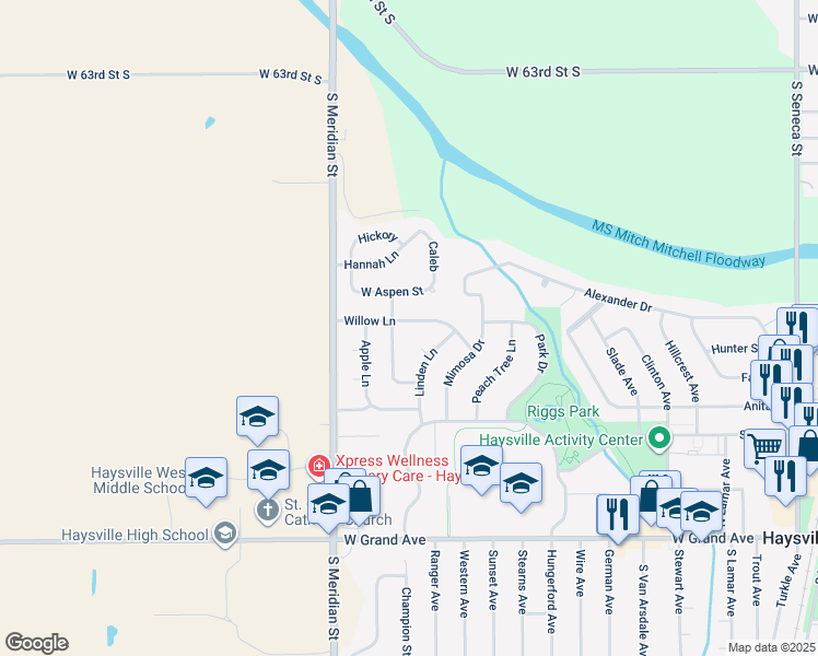 map of restaurants, bars, coffee shops, grocery stores, and more near 412 Basswood Lane in Haysville