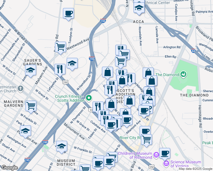 map of restaurants, bars, coffee shops, grocery stores, and more near 3425 West Leigh Street in Richmond