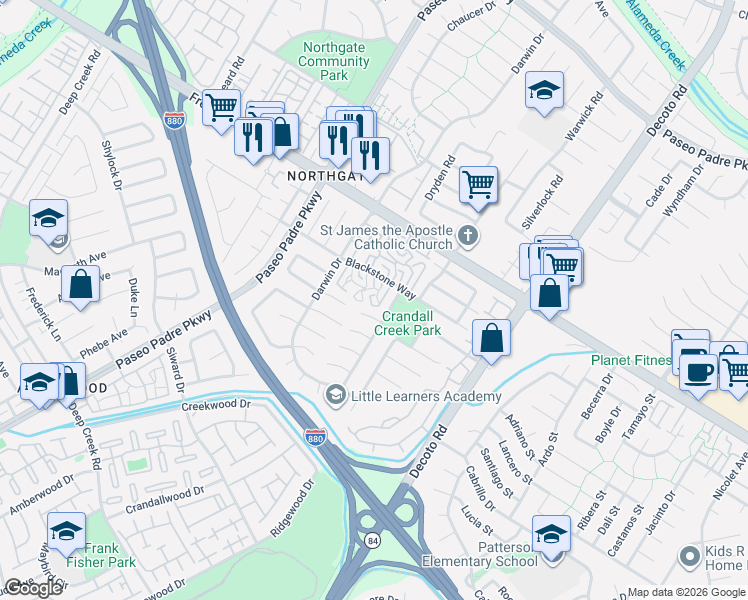map of restaurants, bars, coffee shops, grocery stores, and more near 4229 Pecos Avenue in Fremont