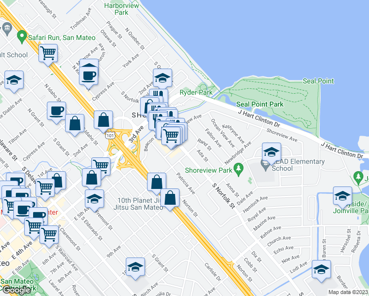 map of restaurants, bars, coffee shops, grocery stores, and more near 1449 Dakota Avenue in San Mateo