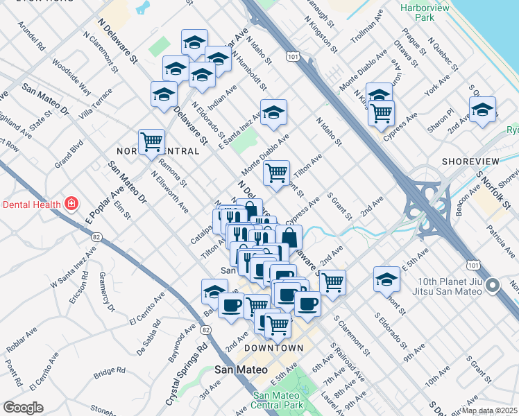 map of restaurants, bars, coffee shops, grocery stores, and more near 503 Tilton Avenue in San Mateo