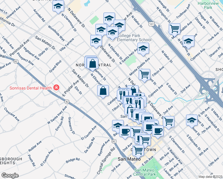 map of restaurants, bars, coffee shops, grocery stores, and more near 150 North Ellsworth Avenue in San Mateo
