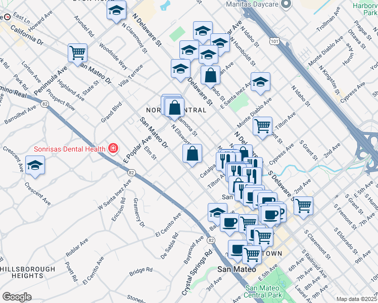 map of restaurants, bars, coffee shops, grocery stores, and more near 221 North Ellsworth Avenue in San Mateo