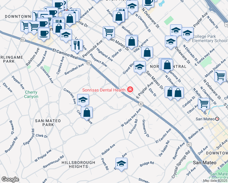 map of restaurants, bars, coffee shops, grocery stores, and more near 20 West Bellevue Avenue in San Mateo