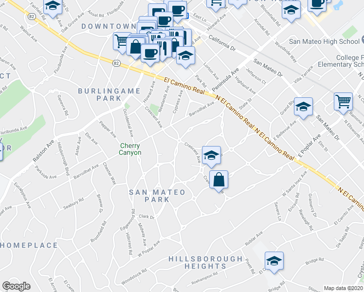 map of restaurants, bars, coffee shops, grocery stores, and more near 220 Warren Road in San Mateo