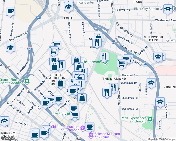 map of restaurants, bars, coffee shops, grocery stores, and more near 2912 North Arthur Ashe Boulevard in Richmond
