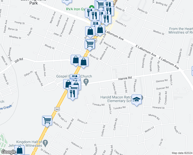 map of restaurants, bars, coffee shops, grocery stores, and more near 2322 Harvie Road in Richmond