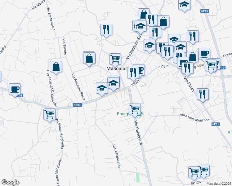 map of restaurants, bars, coffee shops, grocery stores, and more near 219 Via Roma in Mascalucia