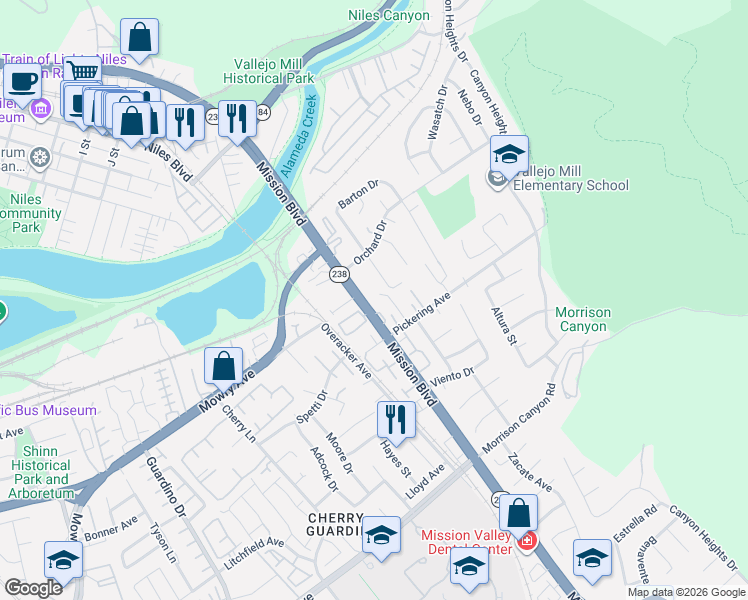 map of restaurants, bars, coffee shops, grocery stores, and more near 10 Sea Crest Terrace in Fremont