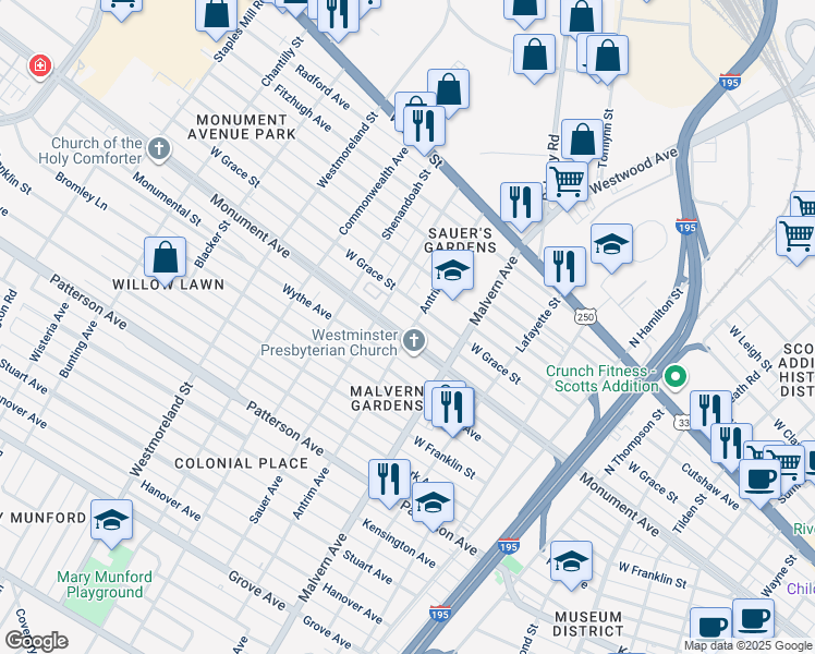 map of restaurants, bars, coffee shops, grocery stores, and more near 4200 Monument Avenue in Richmond