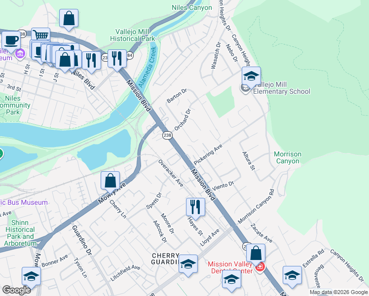 map of restaurants, bars, coffee shops, grocery stores, and more near 38612 Dow Court in Fremont