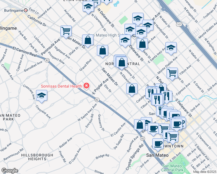 map of restaurants, bars, coffee shops, grocery stores, and more near 313 Elm Street in San Mateo