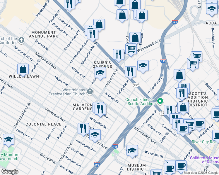 map of restaurants, bars, coffee shops, grocery stores, and more near 4027 Cutshaw Avenue in Richmond