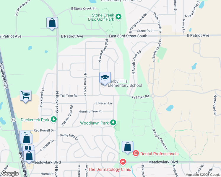 map of restaurants, bars, coffee shops, grocery stores, and more near 2230 North Woodlawn Boulevard in Derby
