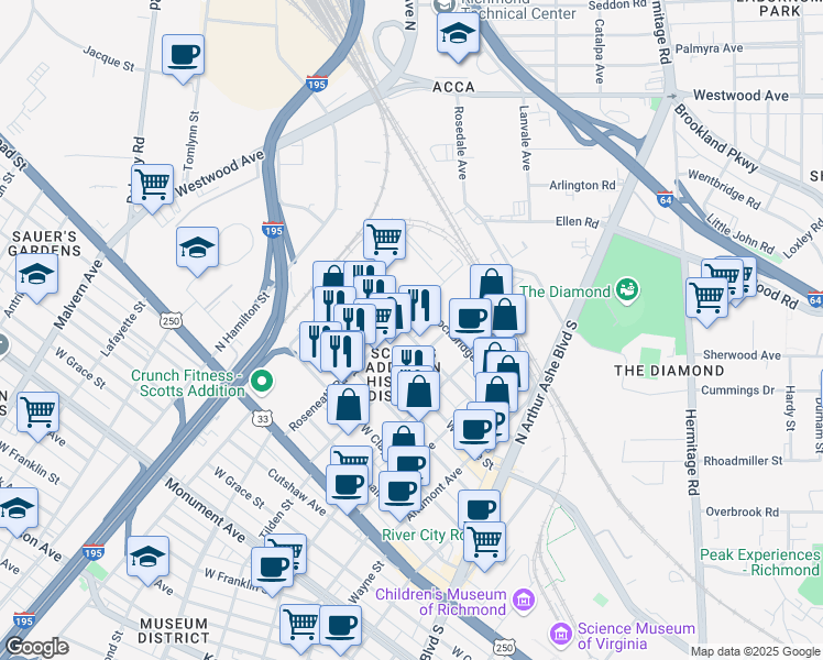 map of restaurants, bars, coffee shops, grocery stores, and more near 1601 Roseneath Road in Richmond