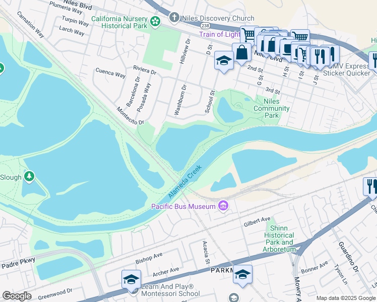 map of restaurants, bars, coffee shops, grocery stores, and more near in Fremont