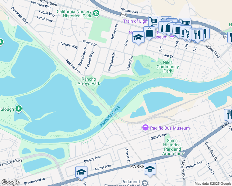 map of restaurants, bars, coffee shops, grocery stores, and more near in Fremont