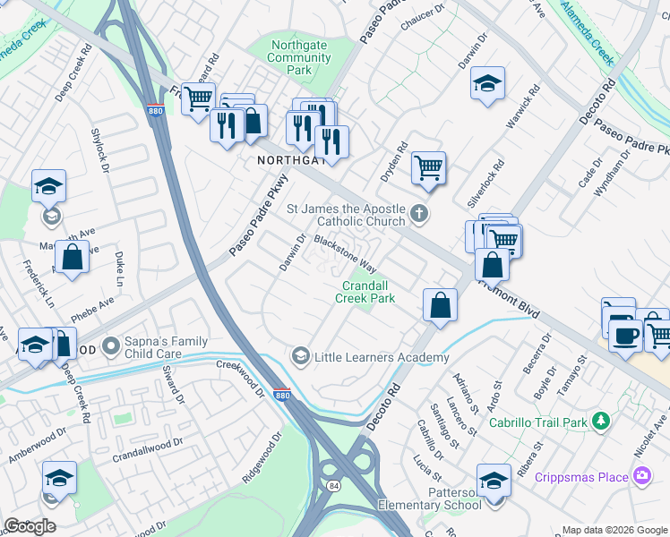 map of restaurants, bars, coffee shops, grocery stores, and more near 4229 Pecos Avenue in Fremont