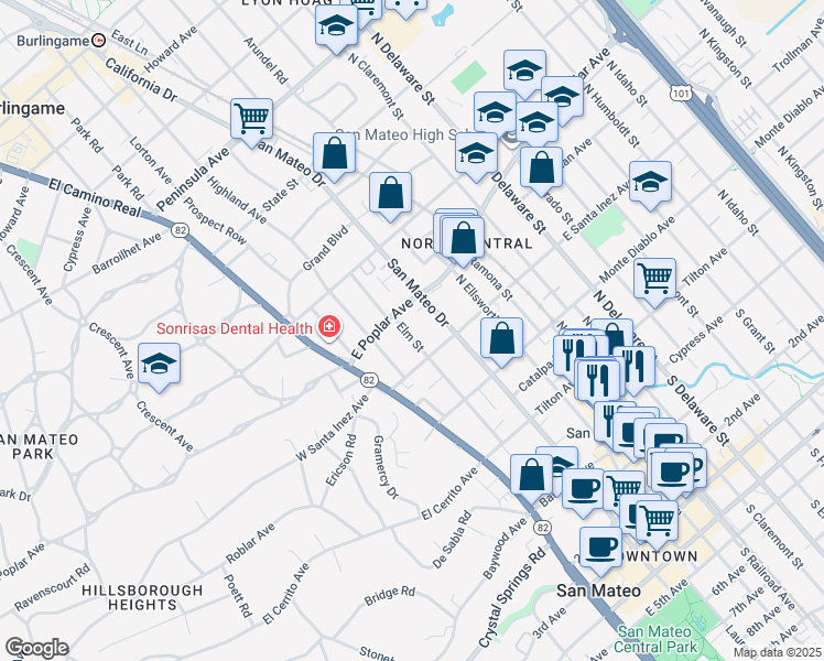 map of restaurants, bars, coffee shops, grocery stores, and more near 313 Elm Street in San Mateo