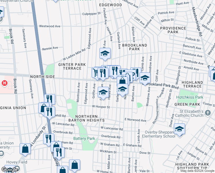 map of restaurants, bars, coffee shops, grocery stores, and more near 2907 Fendall Avenue in Richmond