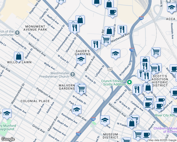 map of restaurants, bars, coffee shops, grocery stores, and more near 4027 Cutshaw Avenue in Richmond