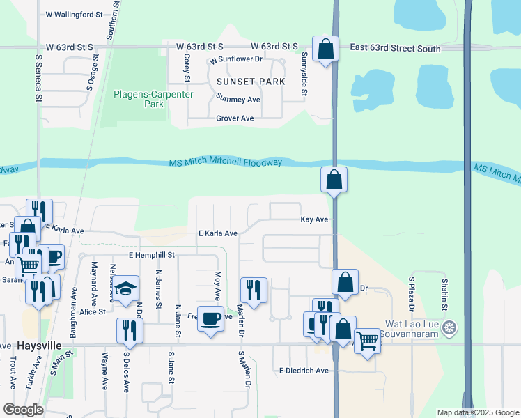 map of restaurants, bars, coffee shops, grocery stores, and more near 142 Kay Avenue in Haysville