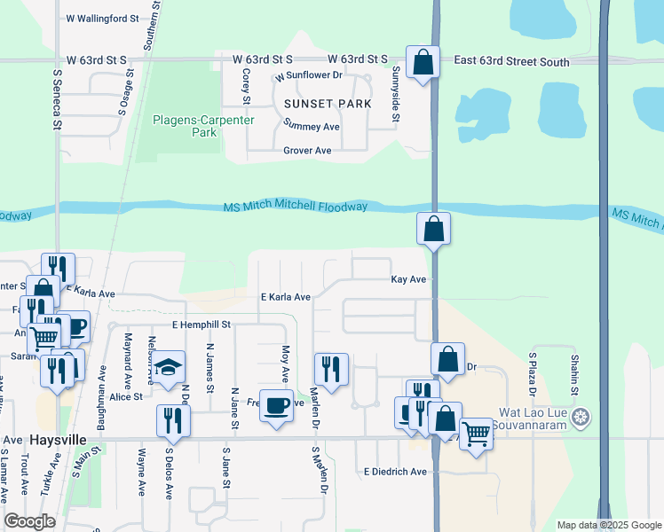 map of restaurants, bars, coffee shops, grocery stores, and more near 1012 Karla Court in Haysville