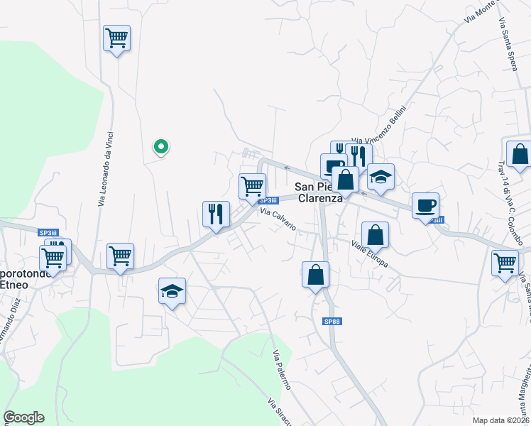 map of restaurants, bars, coffee shops, grocery stores, and more near 348 Via Umberto in San Pietro Clarenza