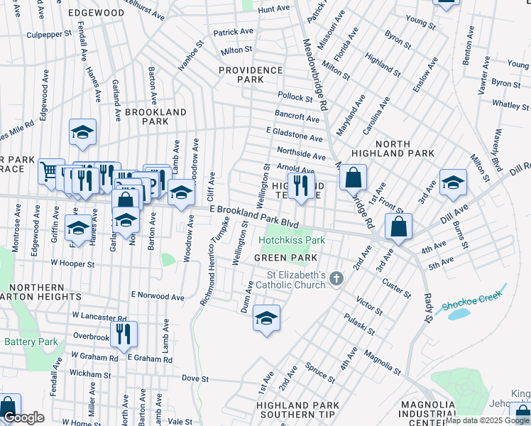 map of restaurants, bars, coffee shops, grocery stores, and more near 602 East Brookland Park Boulevard in Richmond