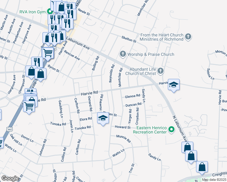 map of restaurants, bars, coffee shops, grocery stores, and more near 3437 Reynolds Road in Richmond