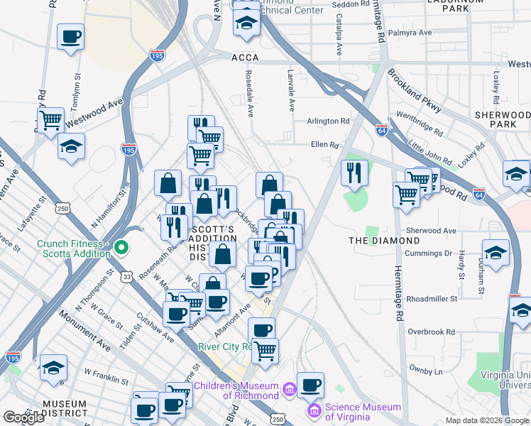 map of restaurants, bars, coffee shops, grocery stores, and more near 1814 Highpoint Avenue in Richmond