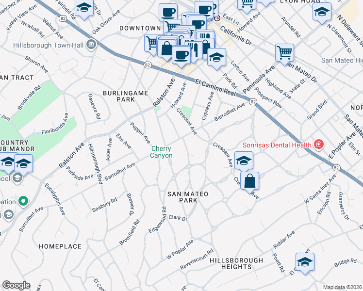 map of restaurants, bars, coffee shops, grocery stores, and more near 747 Costa Rica Avenue in San Mateo