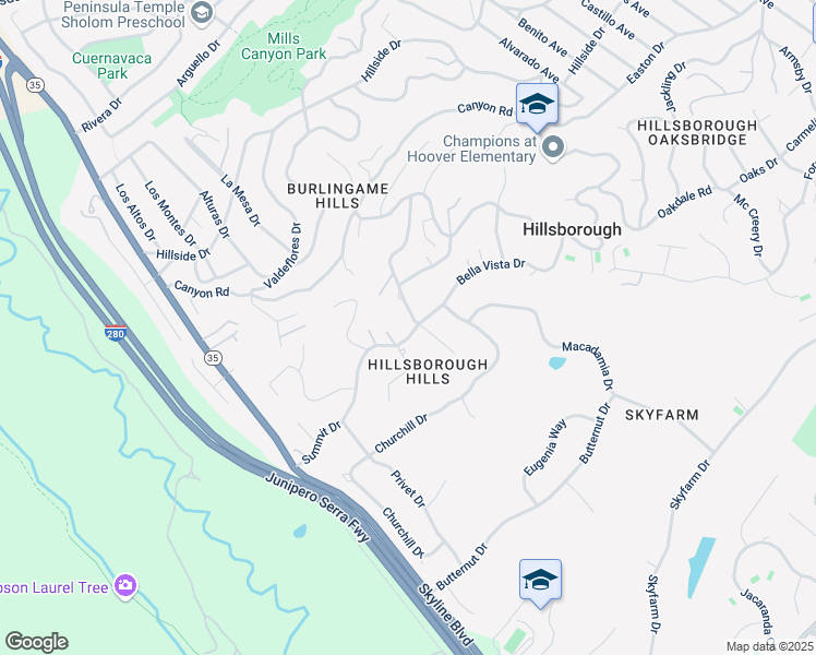 map of restaurants, bars, coffee shops, grocery stores, and more near 2814 Chandler Way in Burlingame