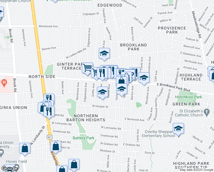 map of restaurants, bars, coffee shops, grocery stores, and more near 2907 Fendall Avenue in Richmond