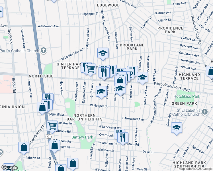 map of restaurants, bars, coffee shops, grocery stores, and more near 2914 Hanes Avenue in Richmond