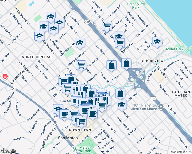 map of restaurants, bars, coffee shops, grocery stores, and more near 5 South Fremont Street in San Mateo