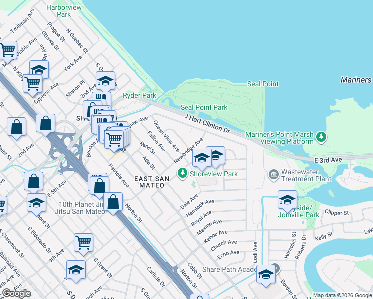 map of restaurants, bars, coffee shops, grocery stores, and more near 864 Kathryne Avenue in San Mateo