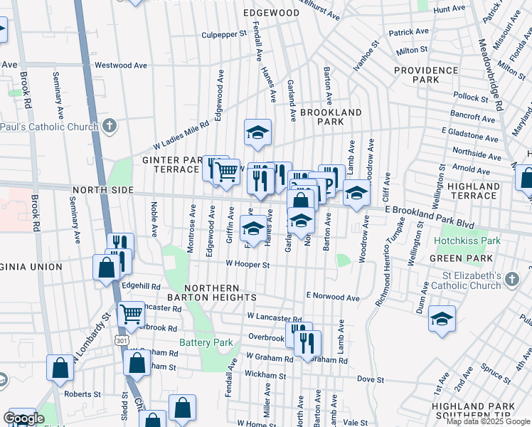 map of restaurants, bars, coffee shops, grocery stores, and more near 2914 Hanes Avenue in Richmond