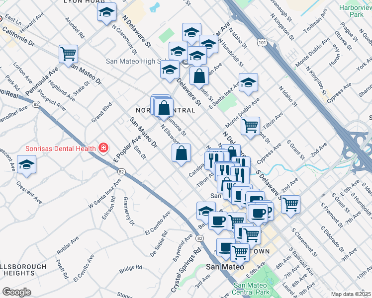 map of restaurants, bars, coffee shops, grocery stores, and more near 222 North Ellsworth Avenue in San Mateo