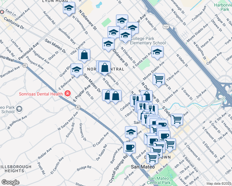 map of restaurants, bars, coffee shops, grocery stores, and more near North Ellsworth Avenue in San Mateo