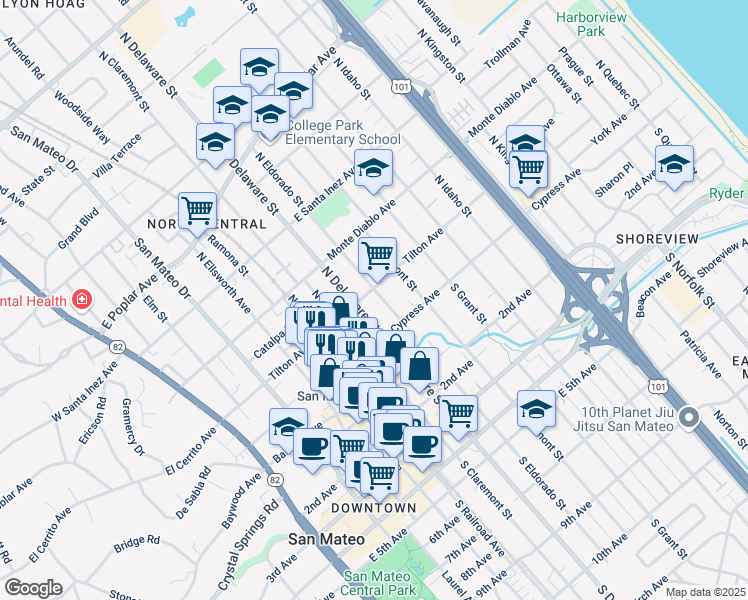 map of restaurants, bars, coffee shops, grocery stores, and more near 26 North Delaware Street in San Mateo