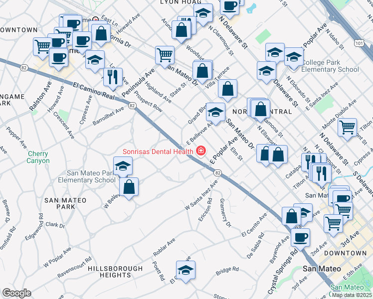 map of restaurants, bars, coffee shops, grocery stores, and more near 10 Hilltop Road in San Mateo