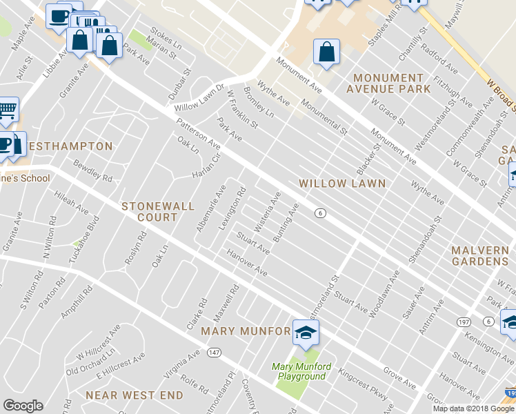 map of restaurants, bars, coffee shops, grocery stores, and more near 4712 Kensington Avenue in Richmond